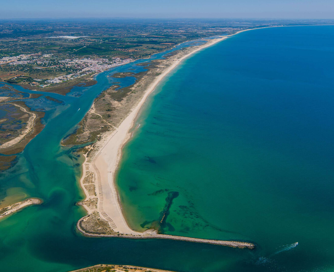 Aerial view of the Ria Formosa lagoon and barrier islands near Tavira, Eastern Algarve