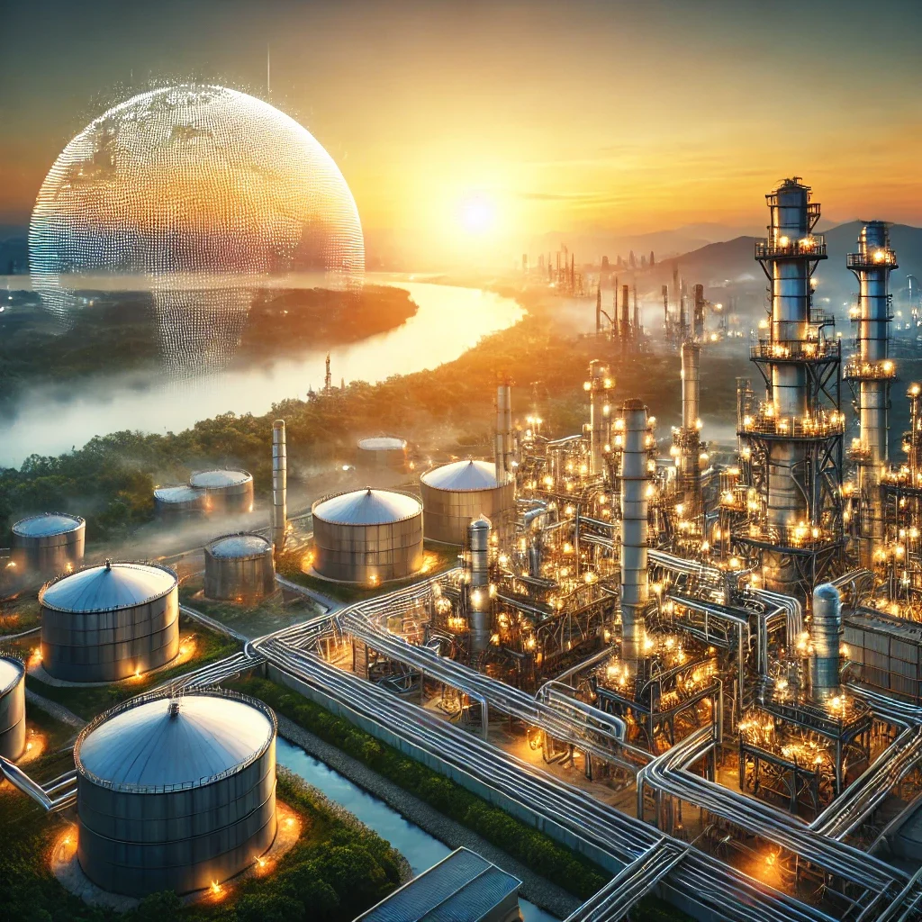 DALL·E 2024-10-14 18.40.22 - A high-quality, professional image of a crude oil refinery at sunset, with a backdrop of clean, natural landscapes to emphasize the balance between in